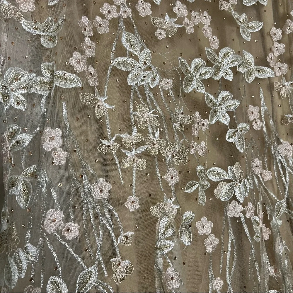 Mac Duggal Cream Floral Lace 12 Beige Embroidered Tulle Trumpet Gown Nude - Picture 5 of 13